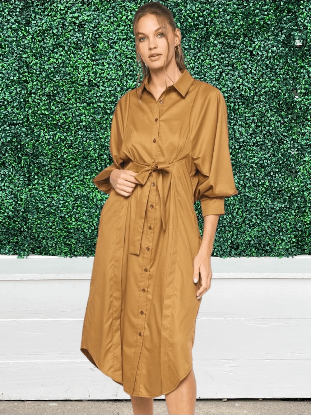 entro Camel Button-Front Tie-Waist Midi Dress